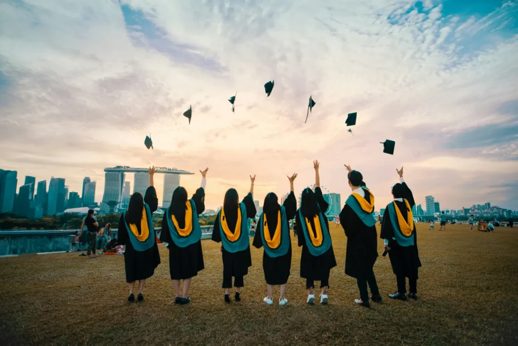 Graduates celebrating together in an international city