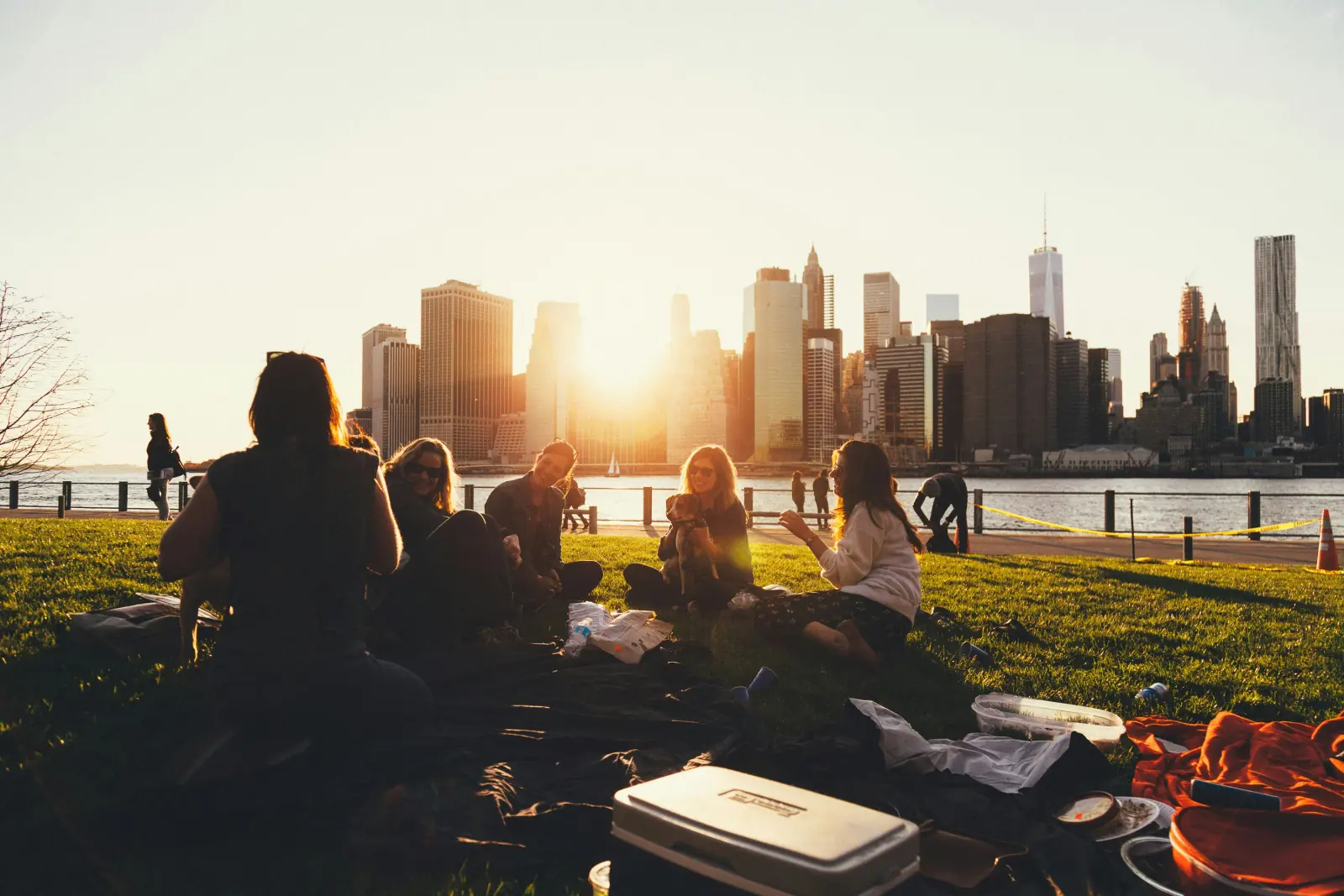 Students enjoying international city life near a global business hub